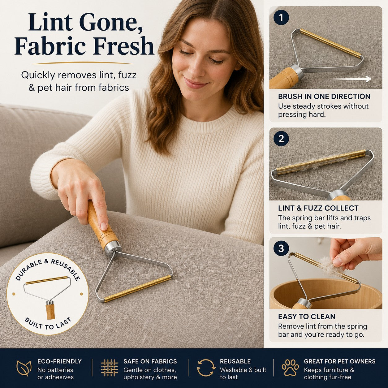 Tap2Own reusable fabric fuzz remover tool with wooden handle, metal spring bar, and gold finish. Cleans lint, fuzz, and pet hair.