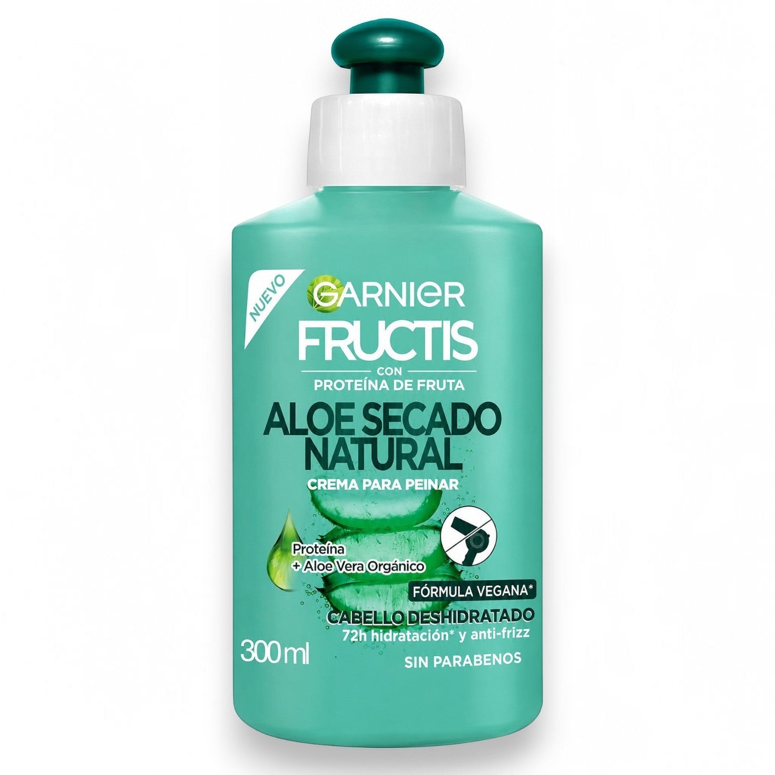 Tap2Own Garnier Fructis Aloe Secado Natural leave-in hair cream for dehydrated hair in a 300ml turquoise bottle.