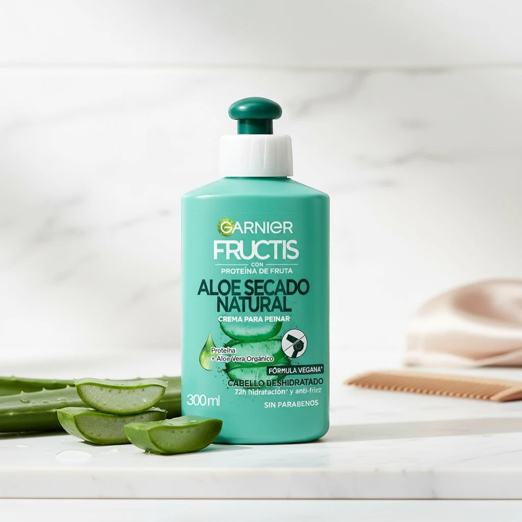 Tap2Own Garnier Fructis Aloe Secado Natural leave-in hair cream bottle with aloe vera slices on a marble surface.