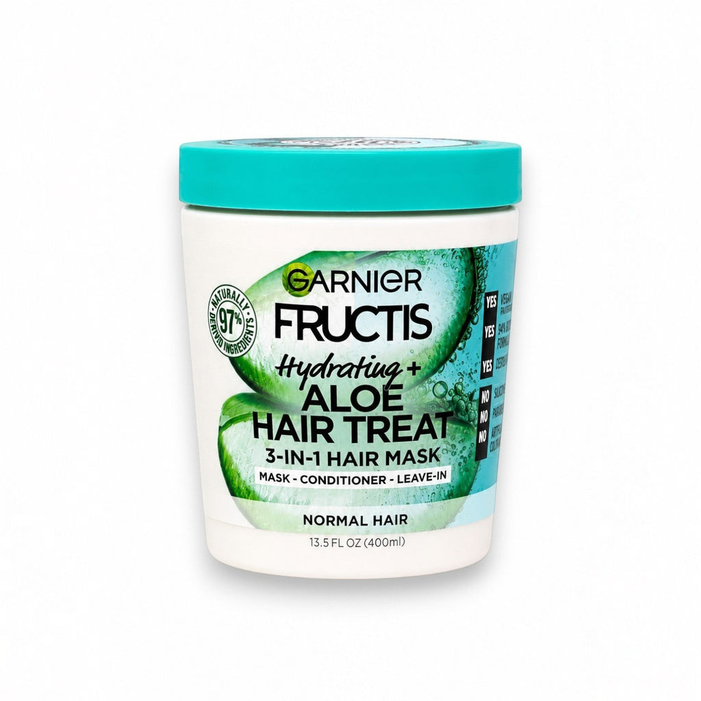 Tap2Own Garnier Fructis Hydrating Aloe 3-in-1 hair mask jar for normal hair with a teal lid and aloe vera graphics.
