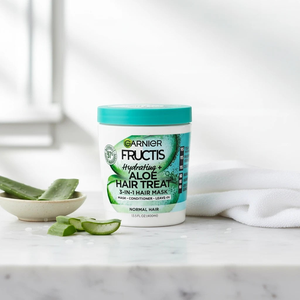 Tap2Own Garnier Fructis Hydrating Aloe 3-in-1 hair mask jar with fresh aloe vera slices on a marble surface.