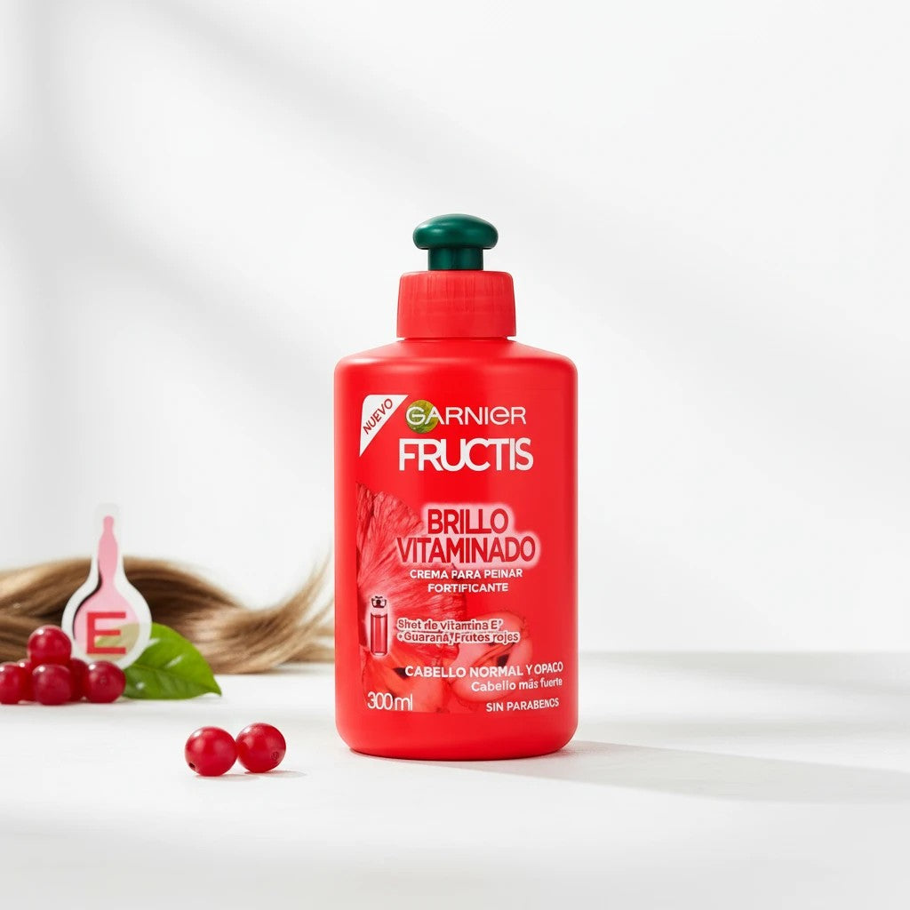 Tap2Own Garnier Fructis Brillo Vitaminado fortifying hair styling cream in a red bottle with red berries on a table.