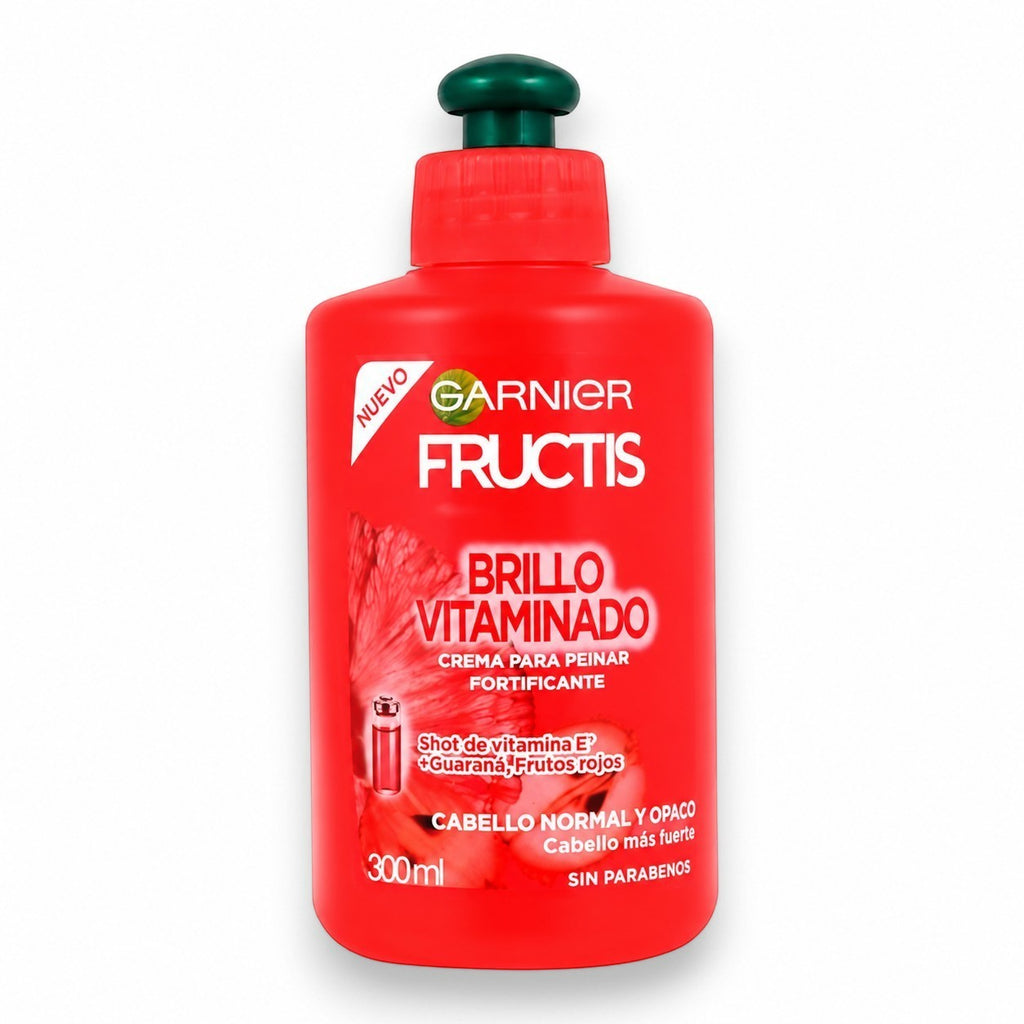 Tap2Own Garnier Fructis Brillo Vitaminado fortifying hair styling cream in a 300ml red bottle with a green pump.