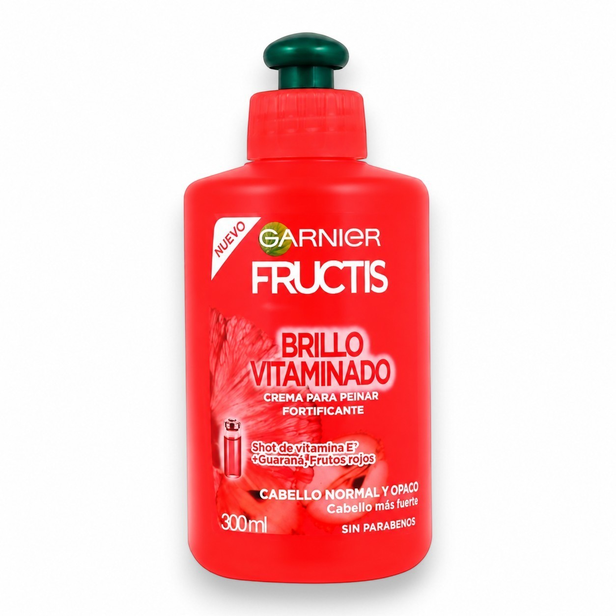 Tap2Own Garnier Fructis Brillo Vitaminado fortifying hair styling cream in a 300ml red bottle with a green pump.