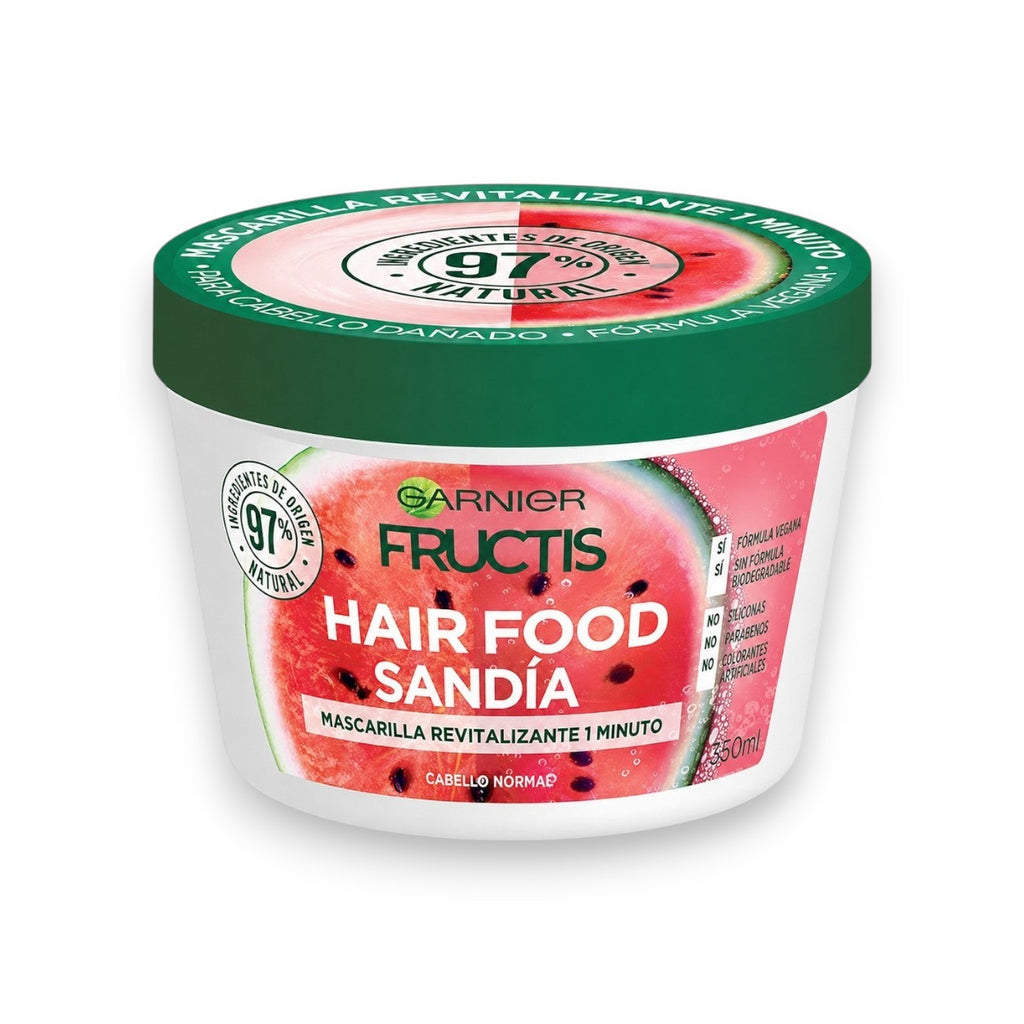 Tap2Own Garnier Fructis Watermelon Hair Food revitalizing mask in a 350ml jar for normal hair.