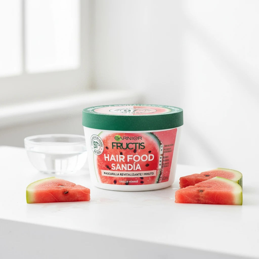 Tap2Own Garnier Fructis Watermelon Hair Food mask jar with fresh watermelon slices on a white surface.
