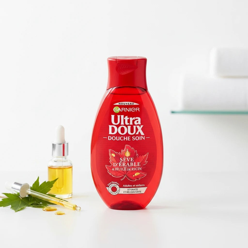 Tap2Own Garnier Ultra Doux nourishing shower gel with maple sap and castor oil in a red bottle on a white surface.