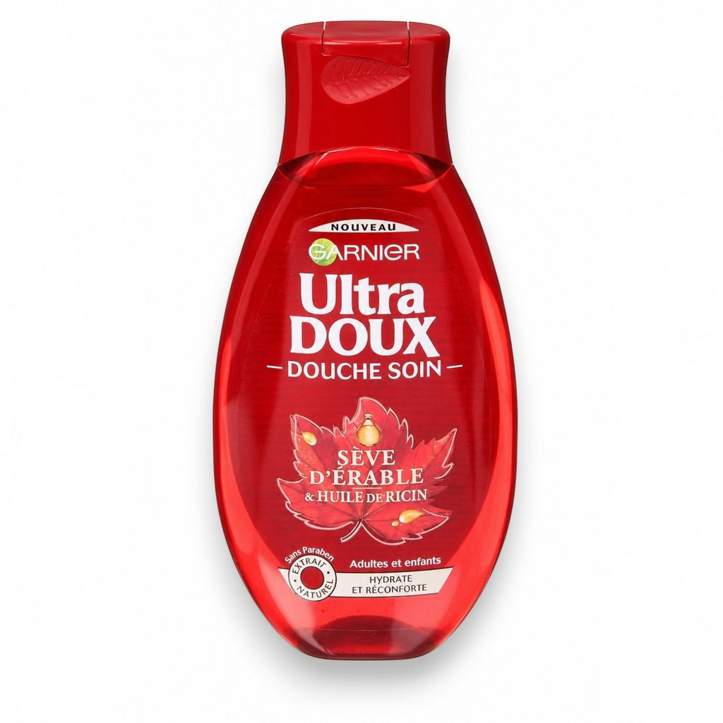 Tap2Own Garnier Ultra Doux nourishing shower gel with maple sap and castor oil in a red bottle