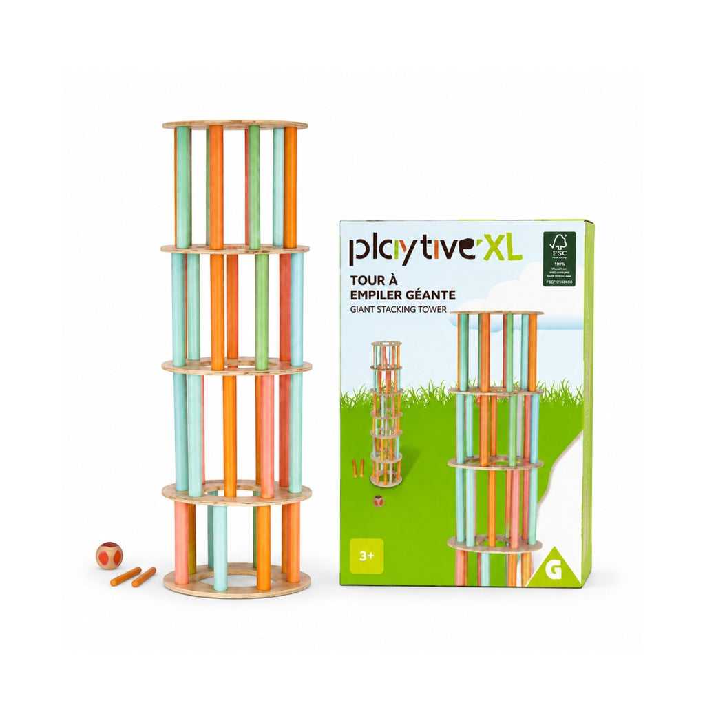 Tap2Own Giant Stacking Tower game with colorful wooden rods, die, and play sticks. Perfect for kids and families.