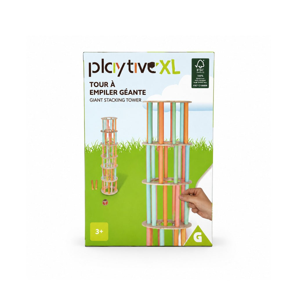 Tap2Own Giant Stacking Tower game with colorful wooden rods and die. For ages 3+, develops coordination and focus.
