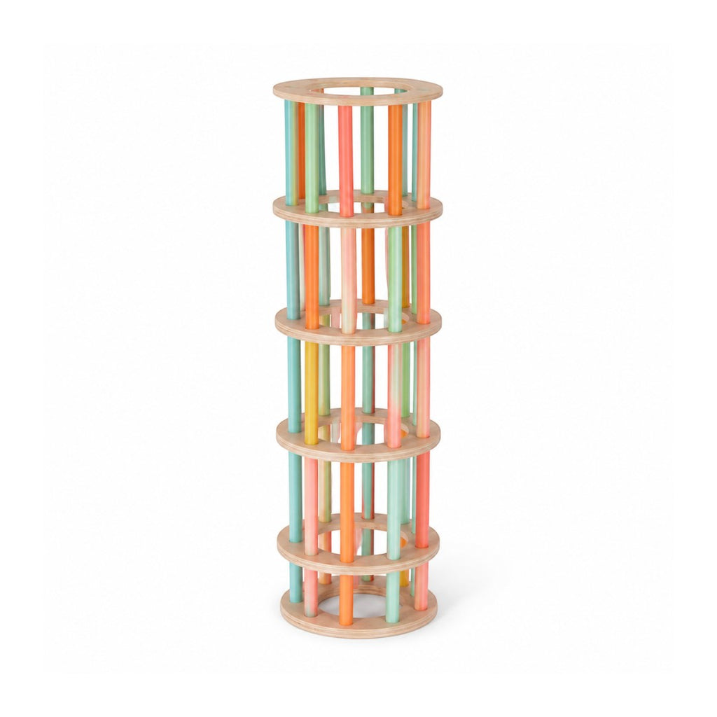Tap2Own Giant Stacking Tower game with colorful wooden rods and natural wood rings. Ideal for kids' focus and coordination.