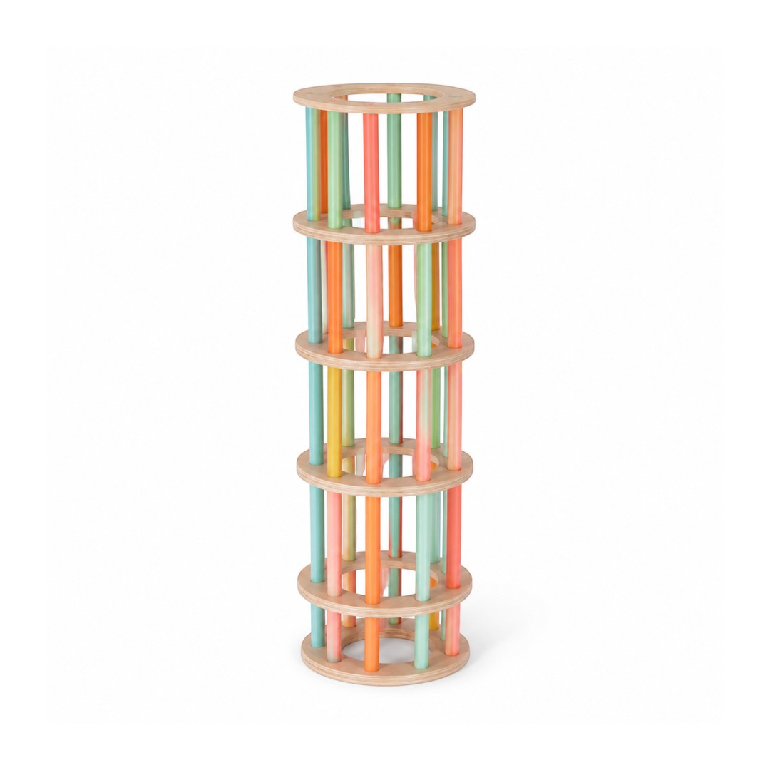 Tap2Own Giant Stacking Tower game with colorful wooden rods and natural wood rings. Ideal for kids' focus and coordination.