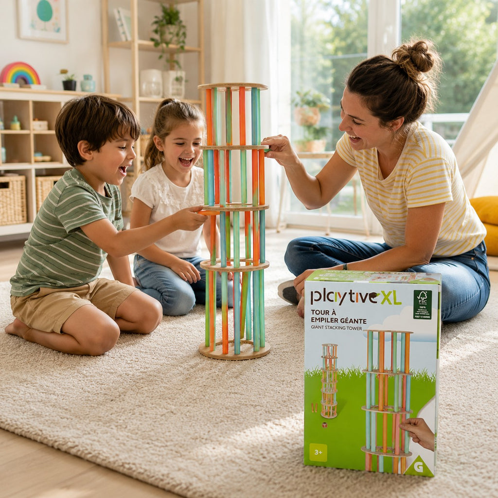 Tap2Own Playtive XL Giant Stacking Tower game with colorful wooden rods, played by a family indoors. Develops coordination and focus.