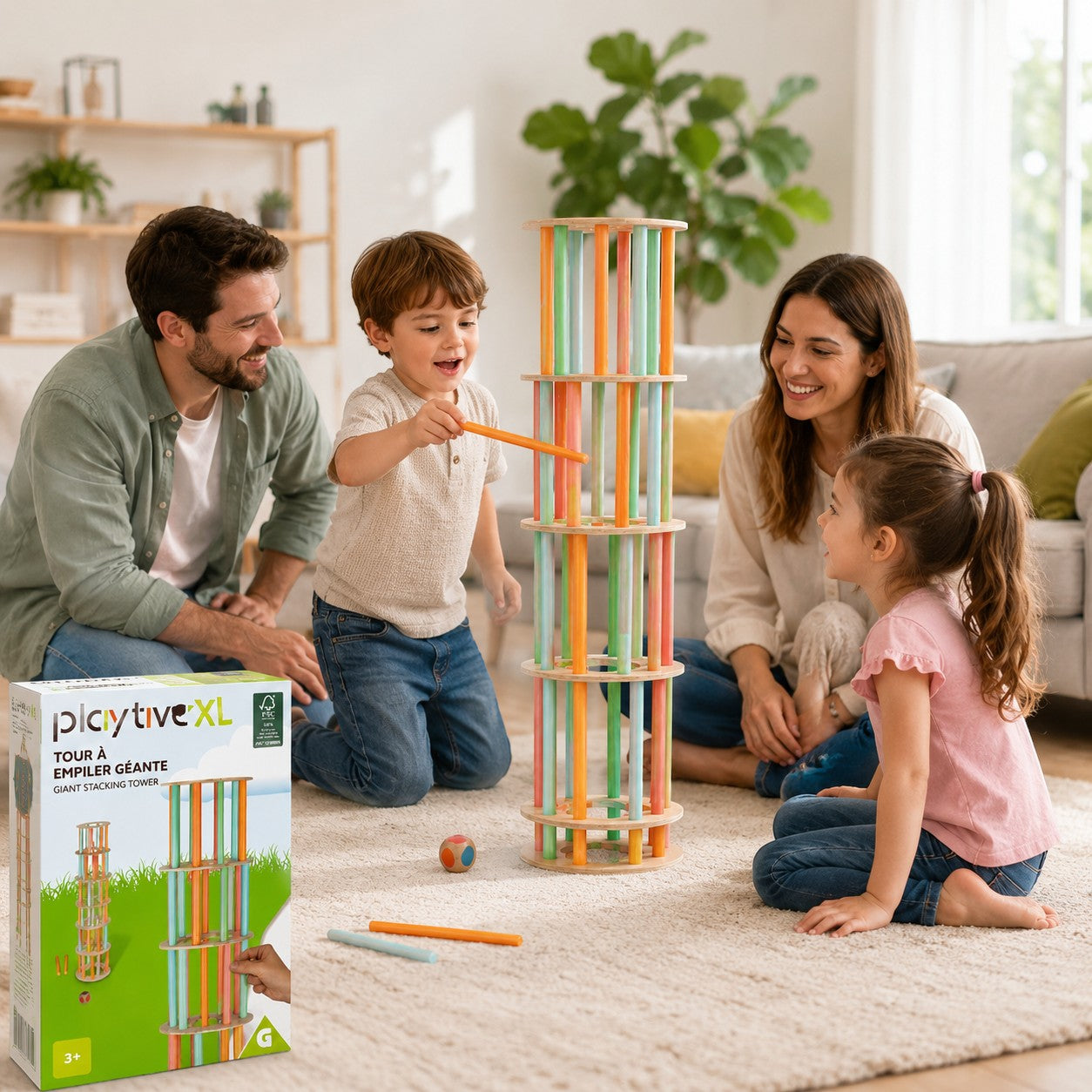 Tap2Own Giant Stacking Tower game with colorful wooden rods, played by a family indoors.