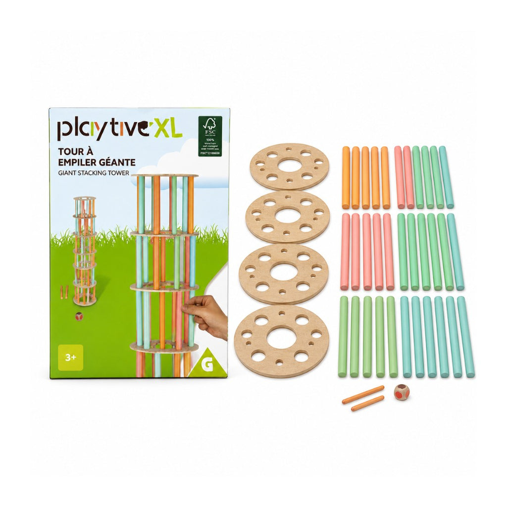 Tap2Own Giant Stacking Tower game with colorful wooden rods, discs, and die. For ages 3+, develops coordination and focus.