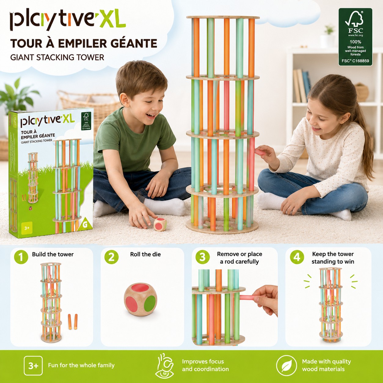 Tap2Own Giant Stacking Tower game with colorful wooden rods, played by two children sitting on the floor.