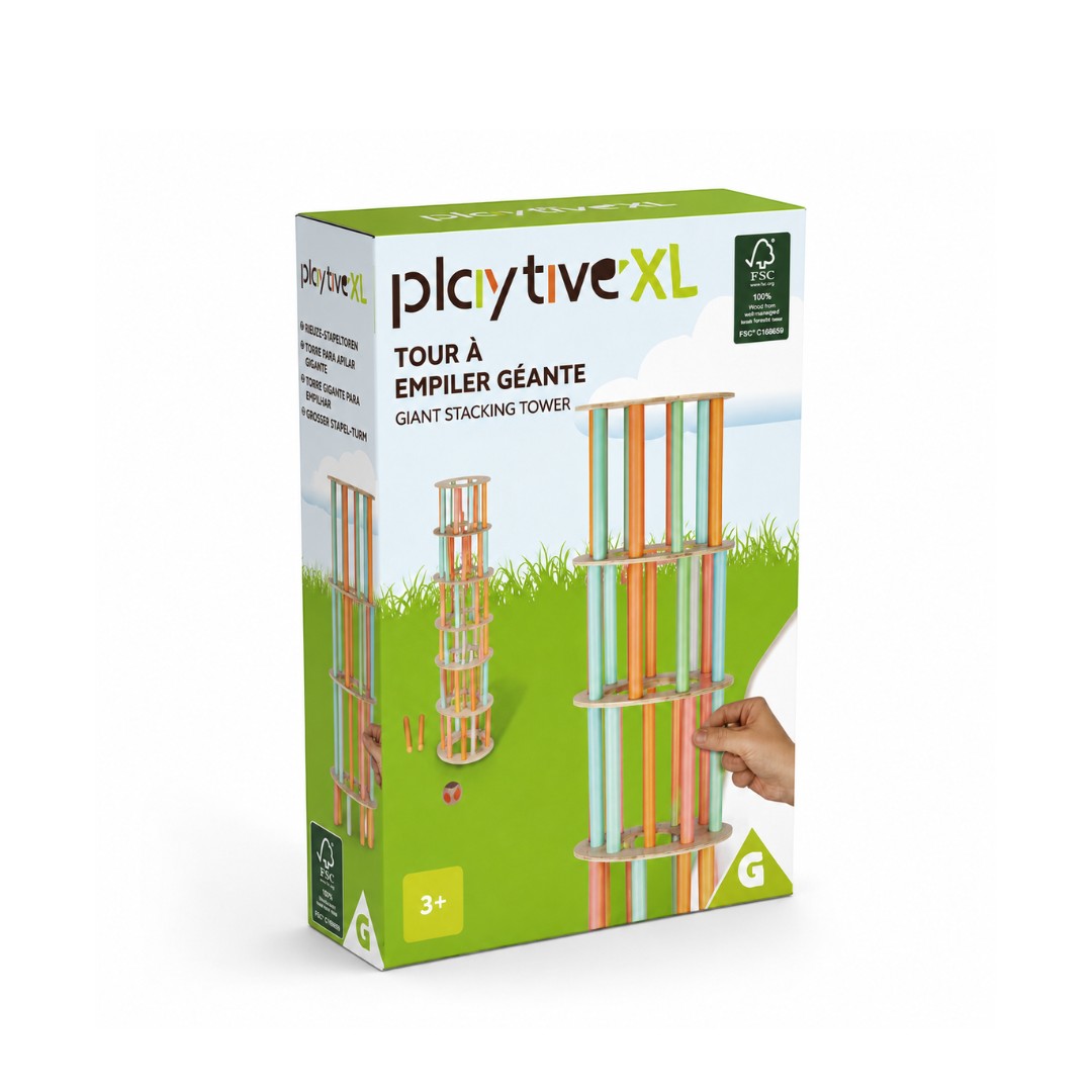 Tap2Own Giant Stacking Tower game with colorful wooden-style rods and die, for ages 3+