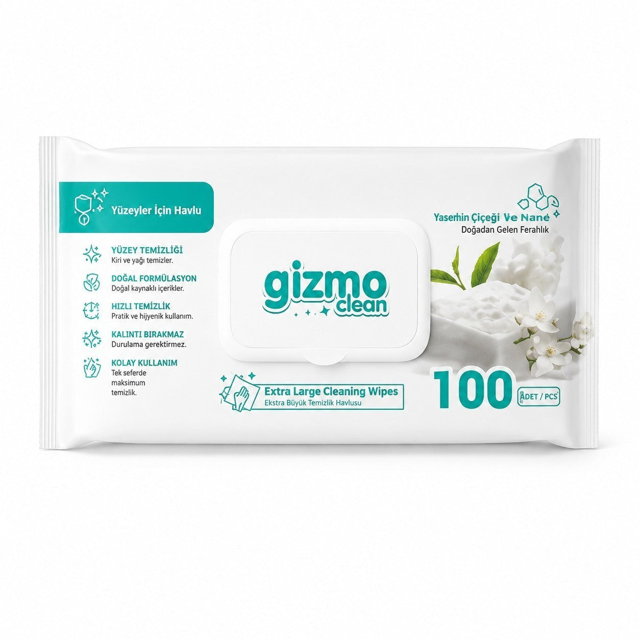 Tap2Own gizmo clean extra large surface cleaning wipes with jasmine and mint scent in a 100-count resealable pack