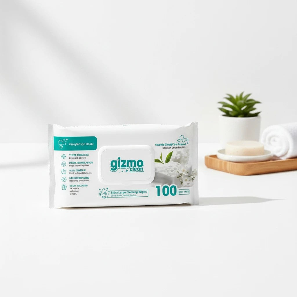 Tap2Own gizmo clean extra large surface cleaning wipes with jasmine and mint scent in a 100-count resealable pack.