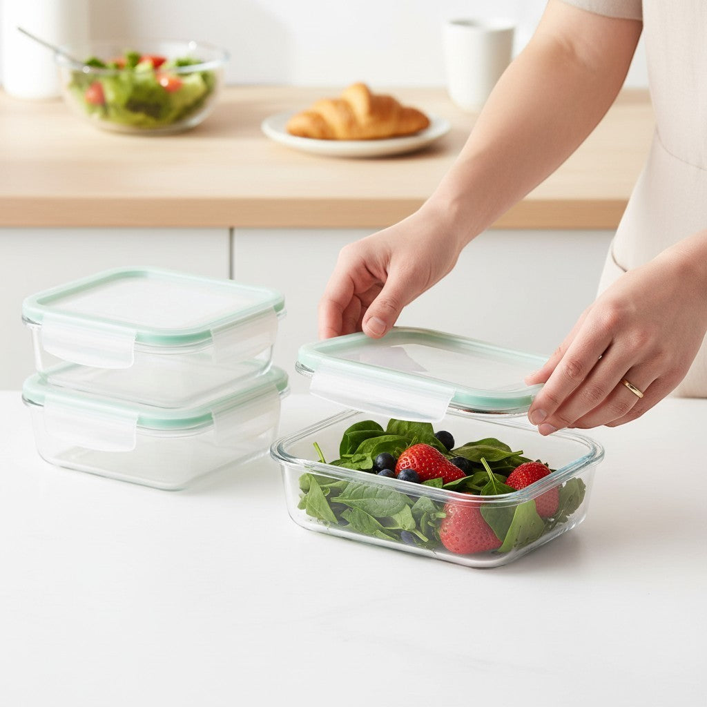 Tap2Own Premium Glass Food Container Set with airtight, clip-lock lids, filled with spinach, blueberries, and strawberries.