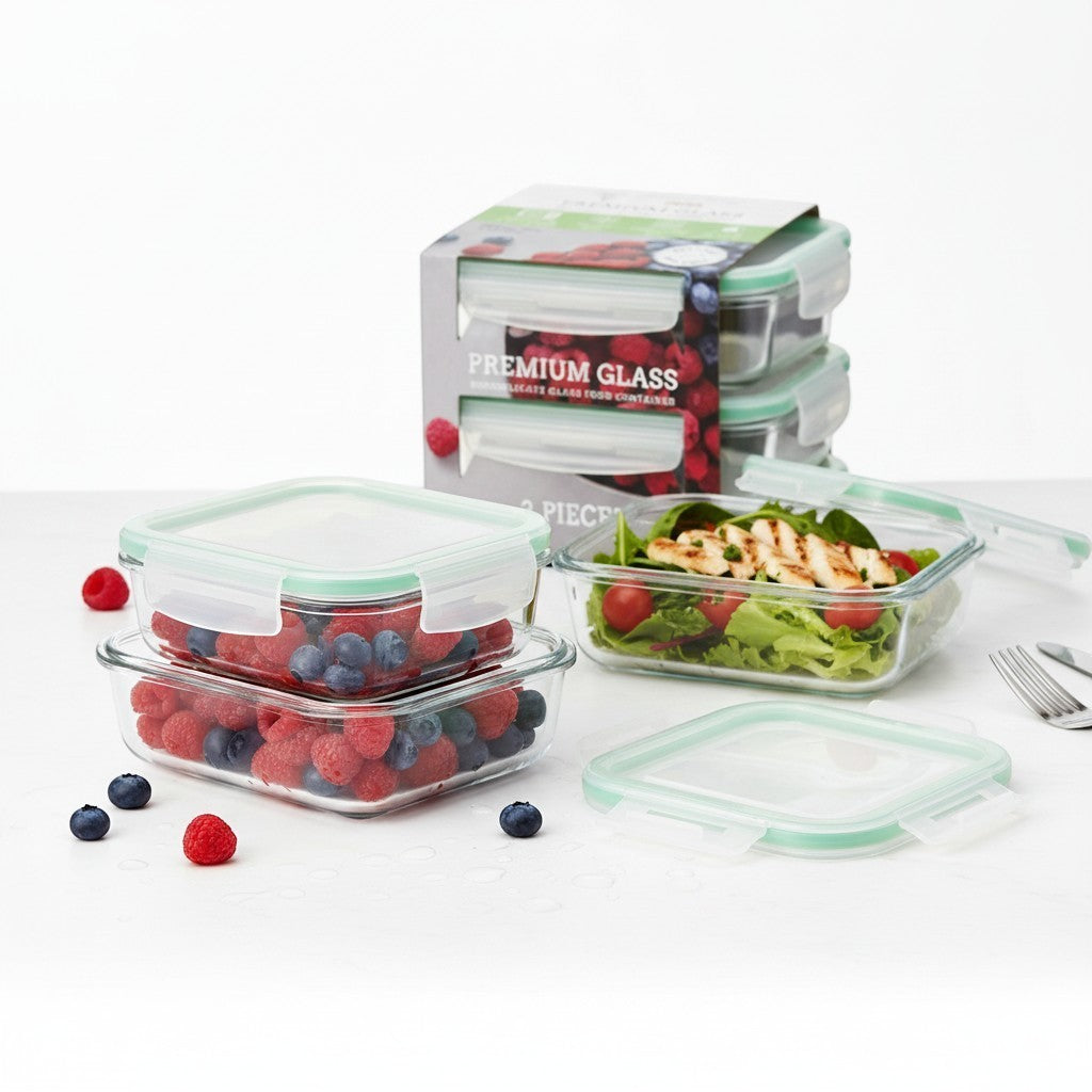 Tap2Own Premium Glass Food Container Set with airtight lids, filled with berries and salad. Includes 3 rectangular borosilicate glass containers.