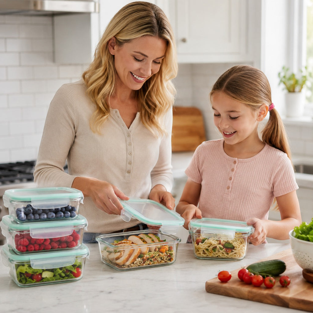 Tap2Own mother and daughter meal prepping with glass food containers filled with berries, chicken, and pasta.