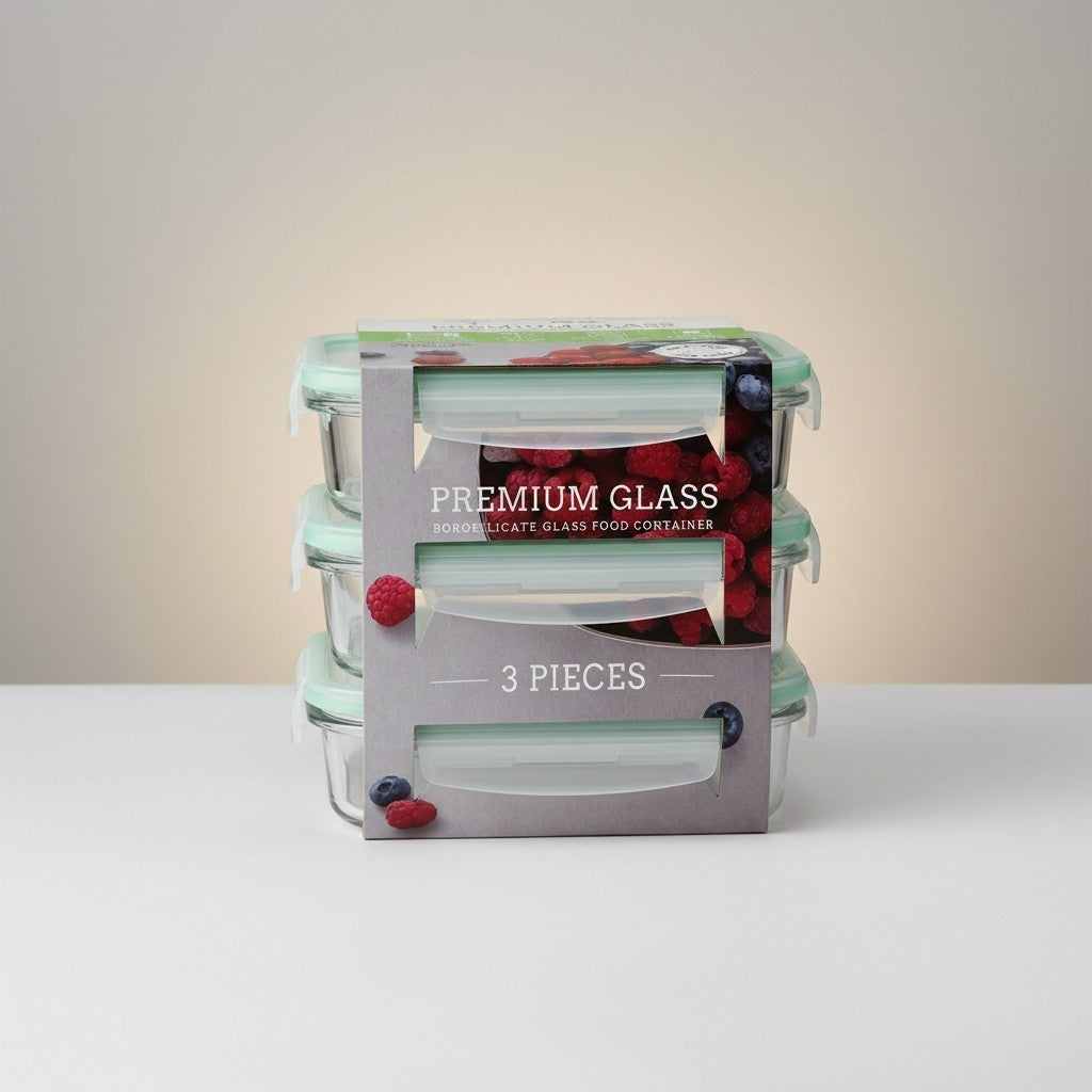 Tap2Own Premium Glass Food Container Set, 3 rectangular borosilicate glass containers with airtight mint green lids. Perfect for meal prep.
