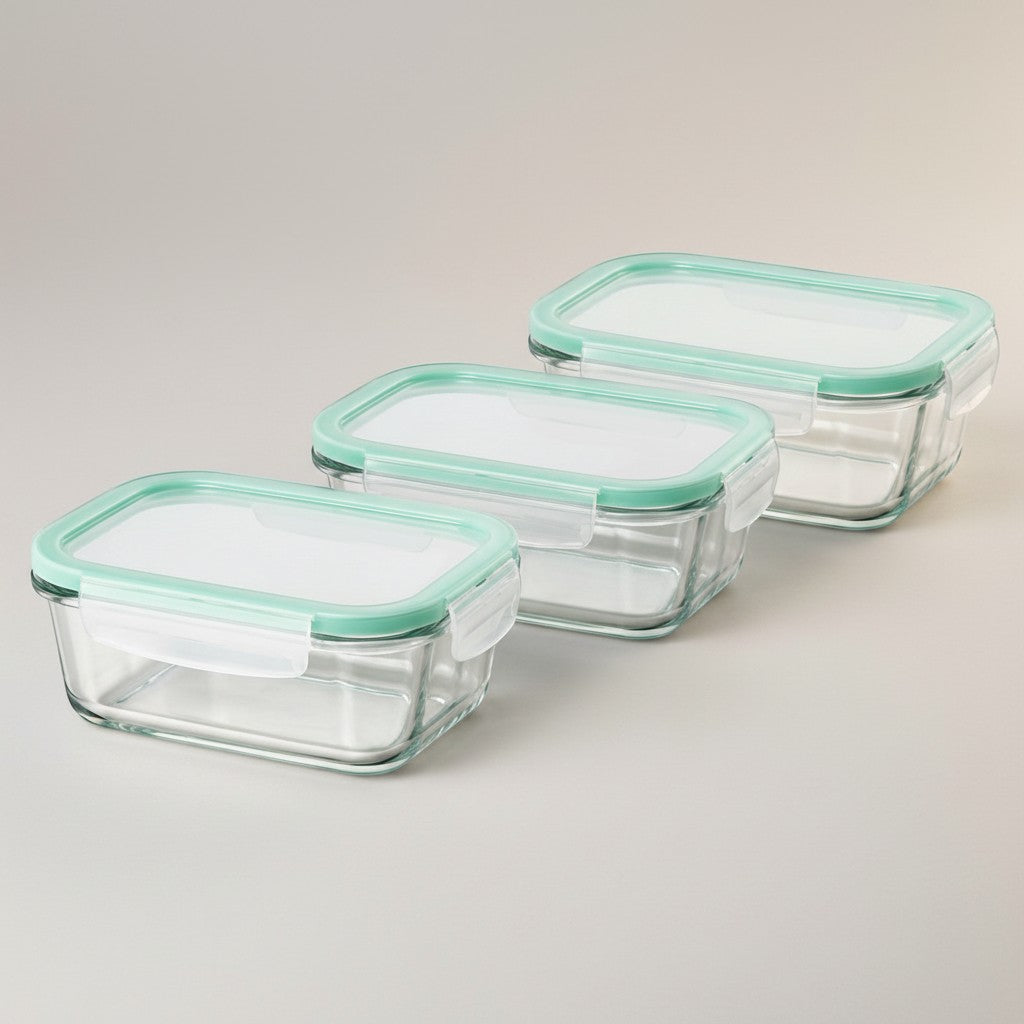 Tap2Own Premium Glass Food Container Set with airtight mint green lids. Rectangular borosilicate glass containers for meal prep.