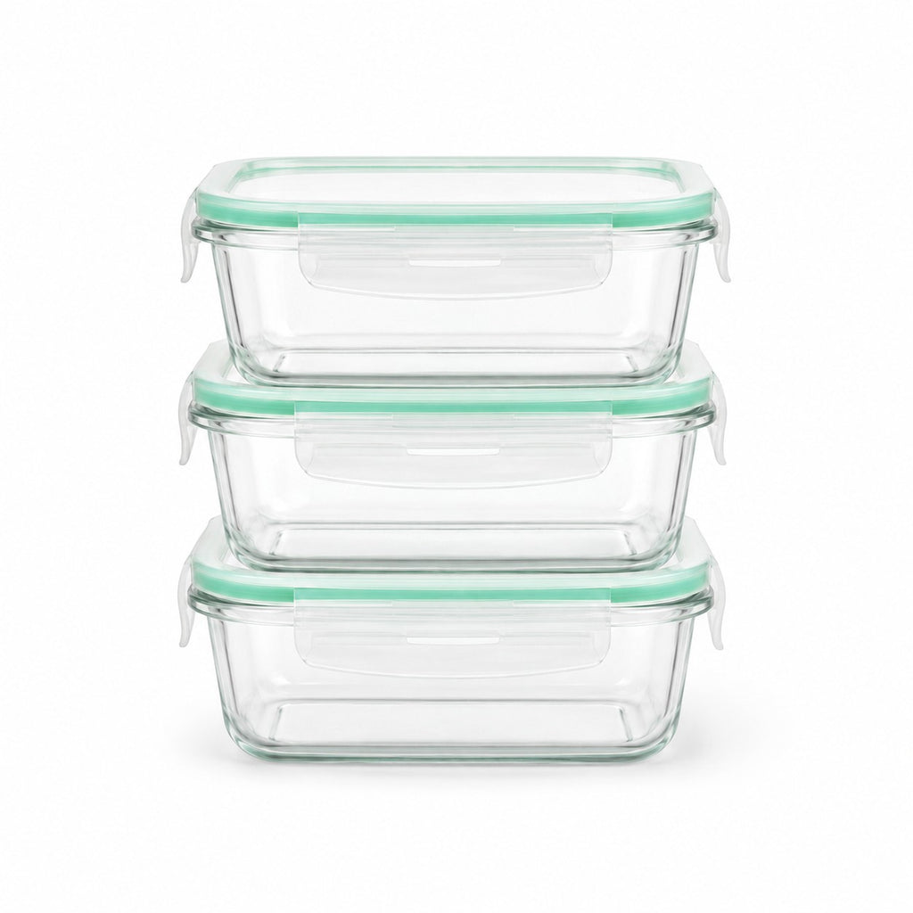 Tap2Own Premium Glass Food Container Set with airtight mint green lids, rectangular, stackable, borosilicate glass.