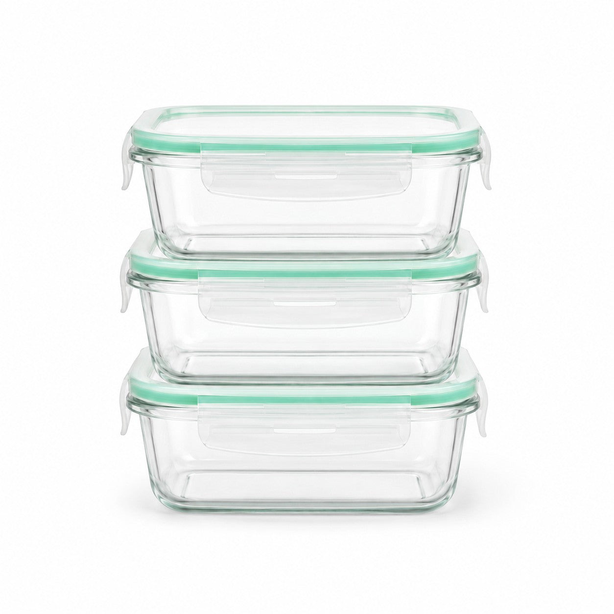 Tap2Own Premium Glass Food Container Set with airtight mint green lids, rectangular, stackable, borosilicate glass.