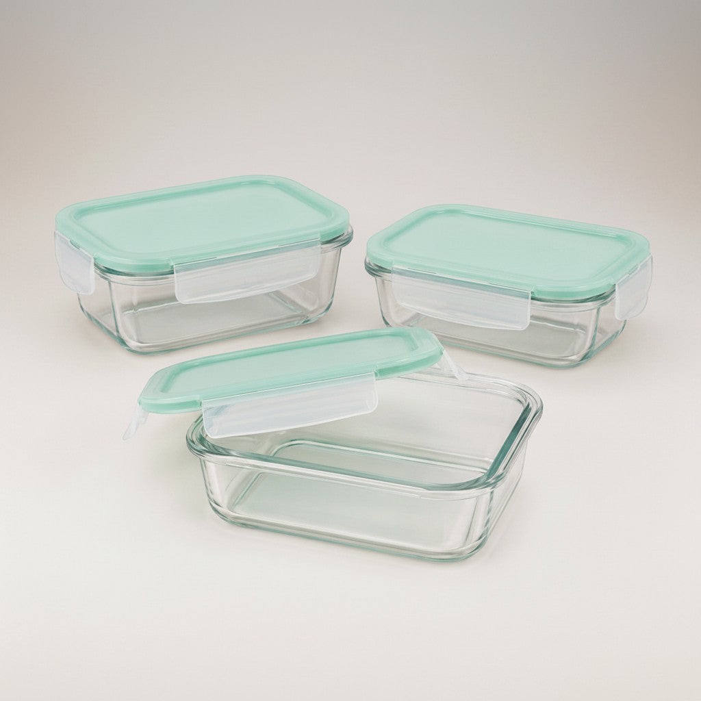 Tap2Own rectangular glass food containers with mint green airtight lids, set of 3