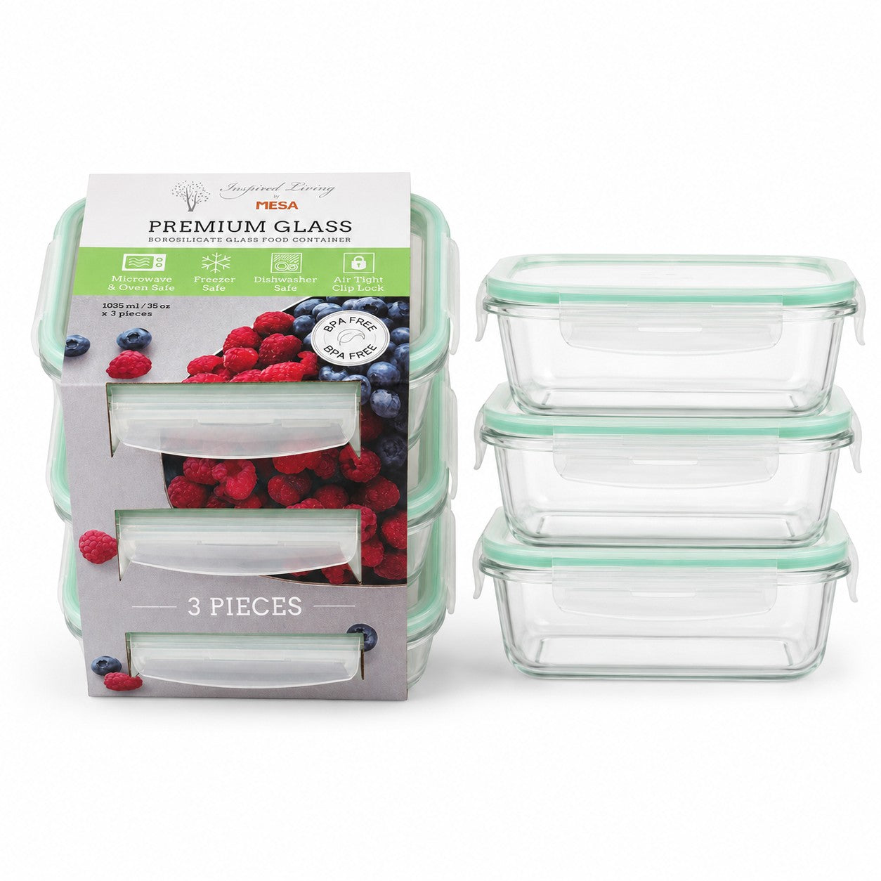 Tap2Own Premium Glass Food Container Set with 3 rectangular borosilicate glass dishes and airtight clip-lock lids.