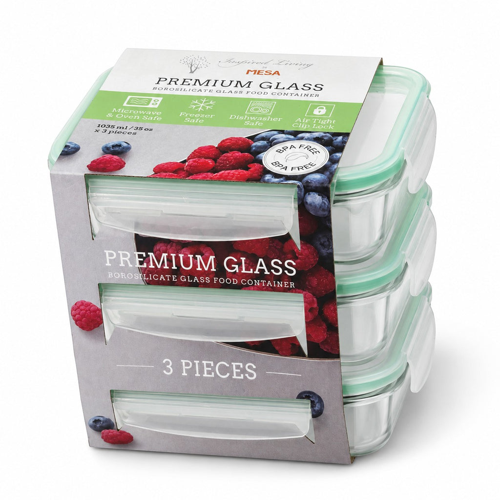 Tap2Own Premium Glass Food Container Set with 3 rectangular borosilicate glass containers and airtight clip-lock lids. Microwave, oven, freezer, dishwasher safe.