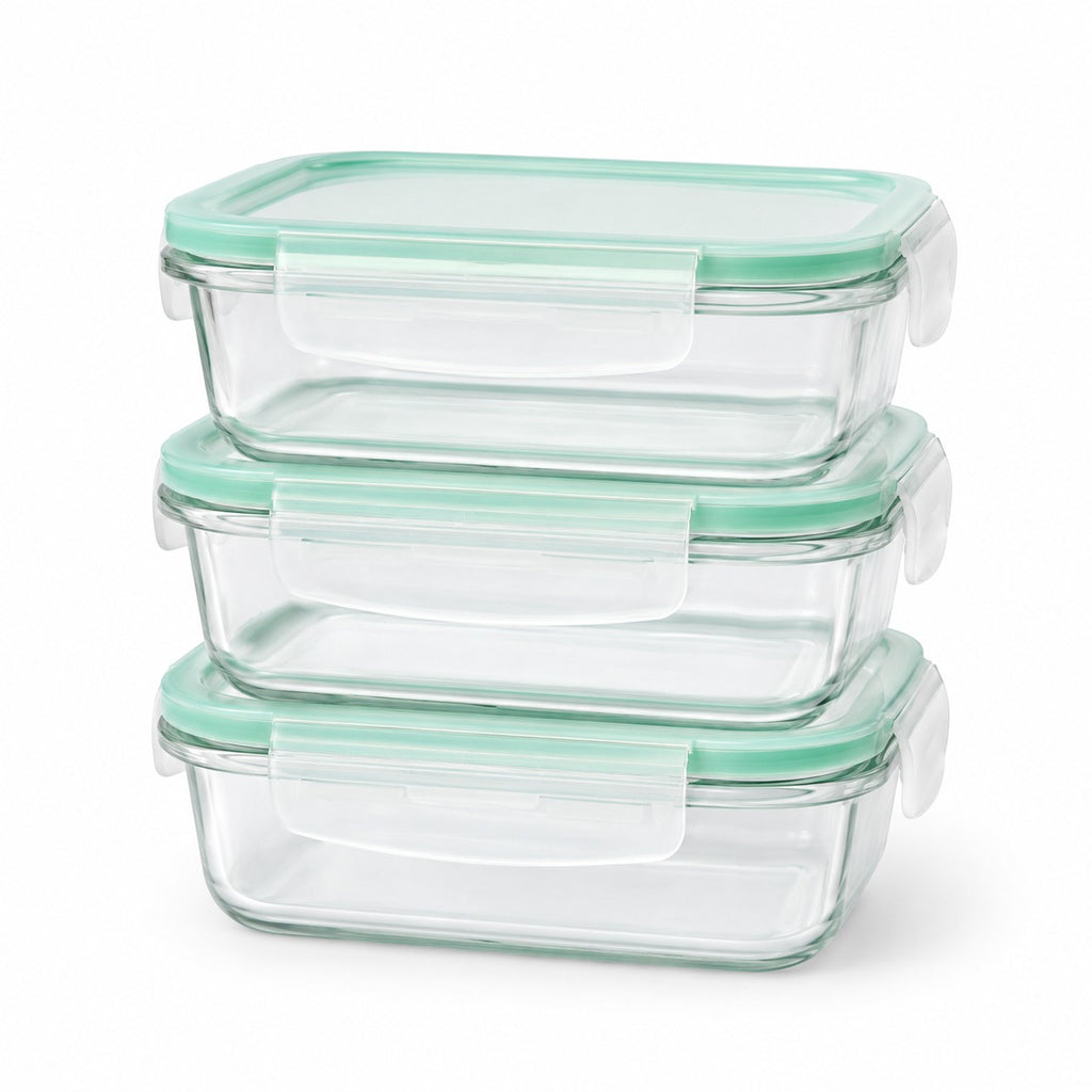 Tap2Own stackable rectangular glass food containers with mint green airtight clip-lock lids.