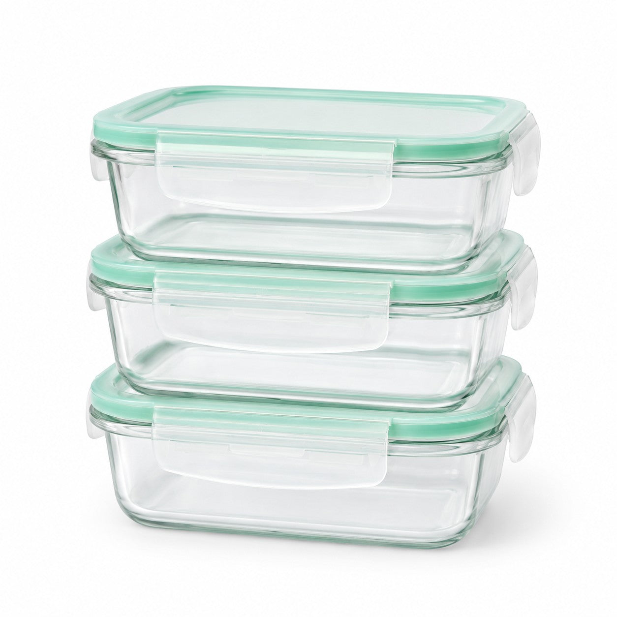 Tap2Own stackable rectangular glass food containers with mint green airtight clip-lock lids.