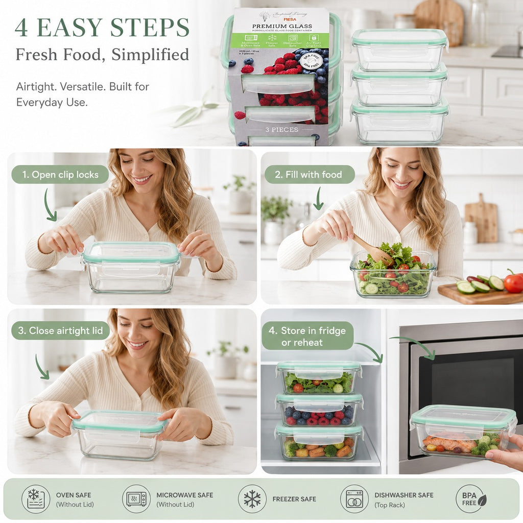 Tap2Own Premium Glass Food Container Set with airtight, clip-lock lids. Rectangular borosilicate glass containers for meal prep, leftovers, and lunches.
