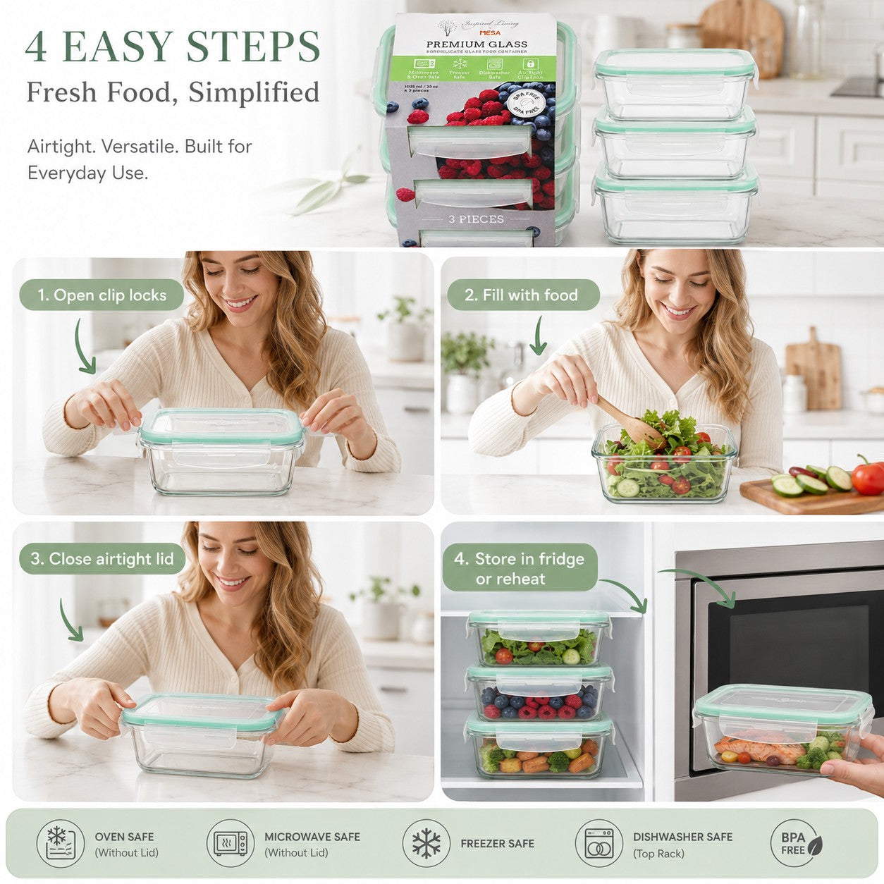 Tap2Own Premium Glass Food Container Set with airtight, clip-lock lids. Rectangular borosilicate glass containers for meal prep, leftovers, and lunches.
