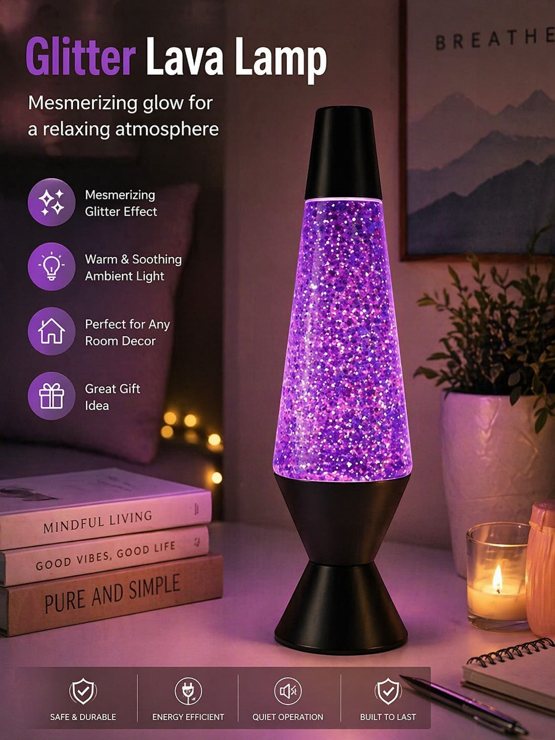 Tap2Own Glitter Lava Lamp with mesmerizing purple glitter and ambient light, featuring a black base and cap. Perfect for relaxation and decor.