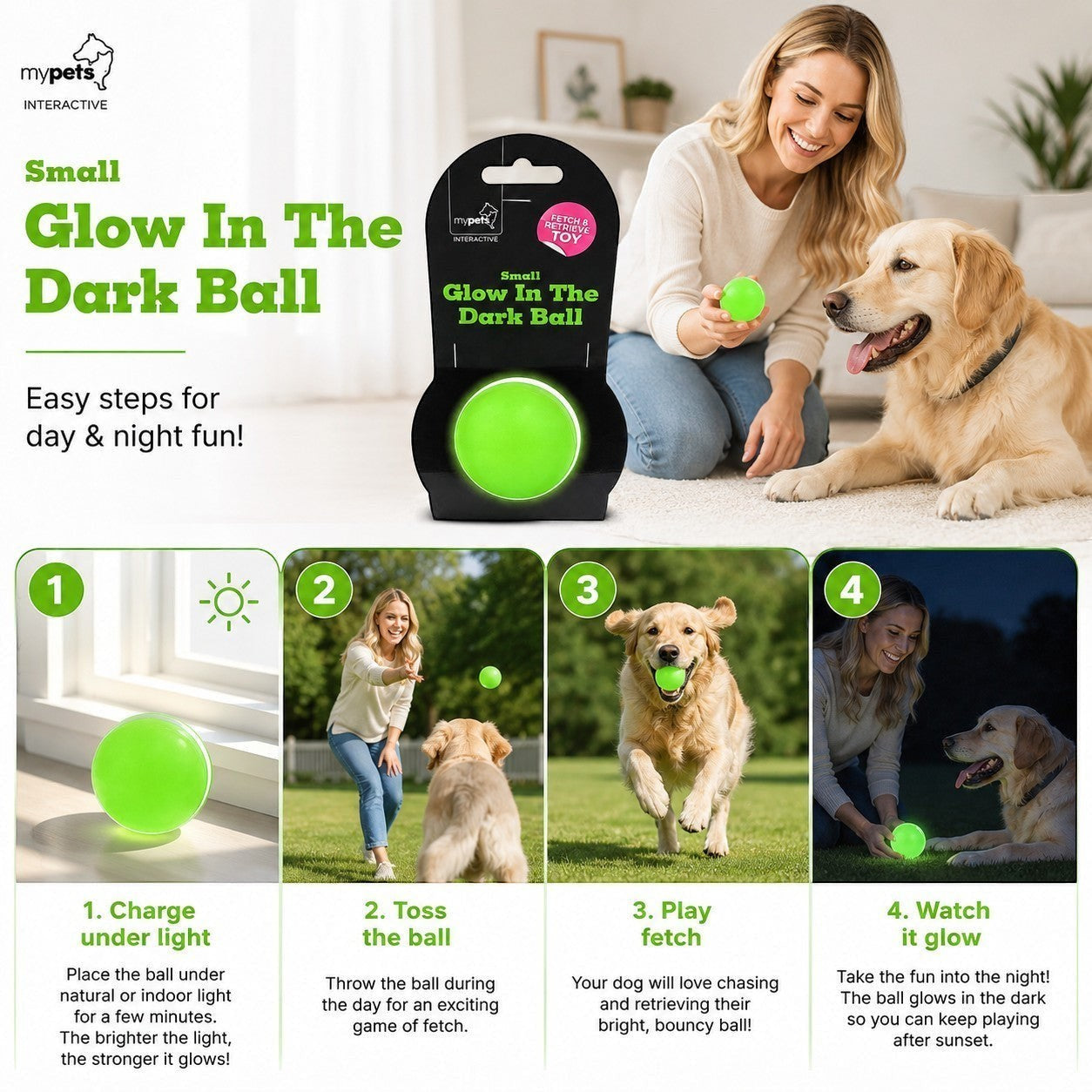 Tap2Own Interactive Small Glow In The Dark Ball, neon green, durable pet-safe material, perfect for fetch and nighttime play.