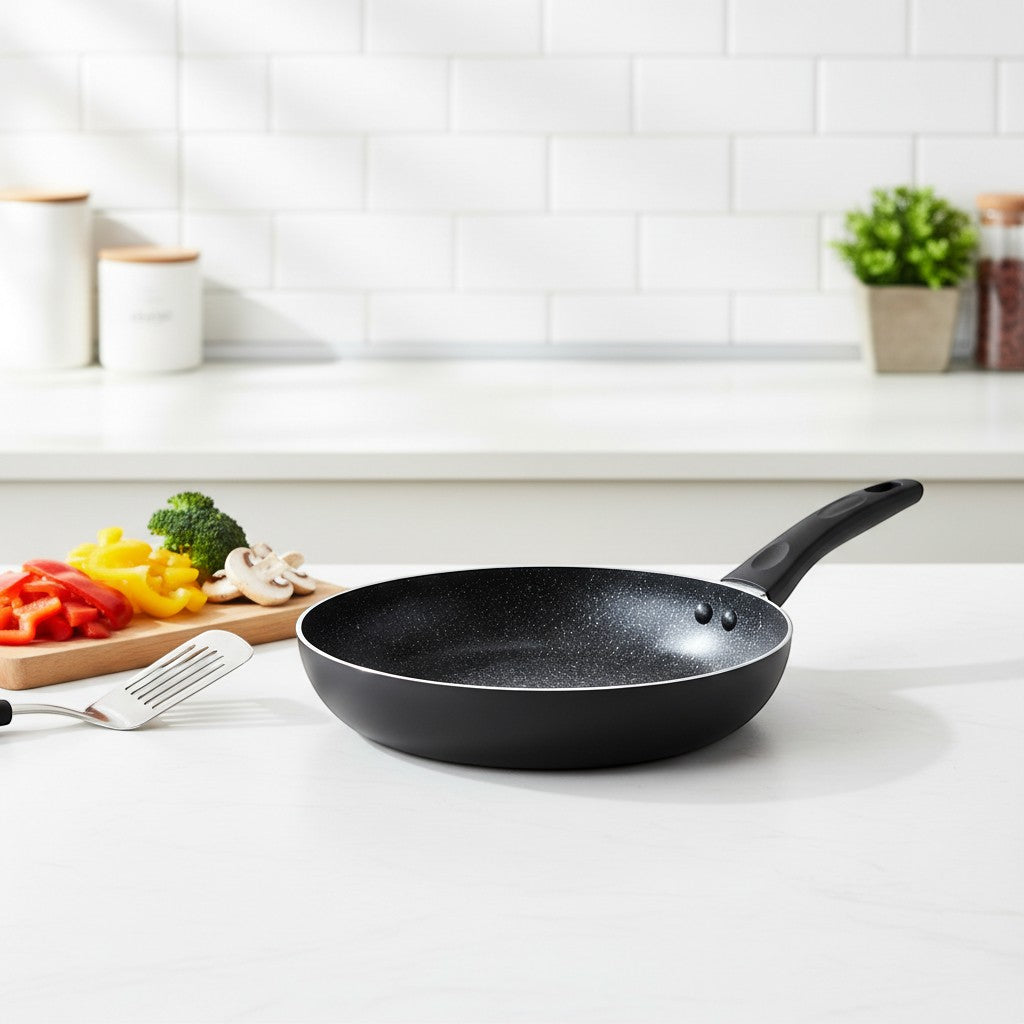Tap2Own Granito 20cm black non-stick induction fry pan with soft-touch handle, shown with chopped vegetables.