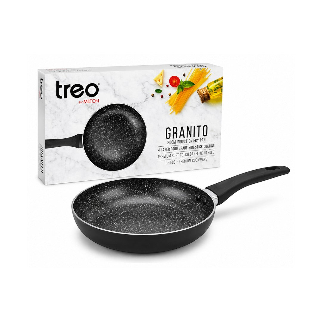 Tap2Own Granito 20cm black induction fry pan with 4-layer non-stick coating and soft-touch Bakelite handle.