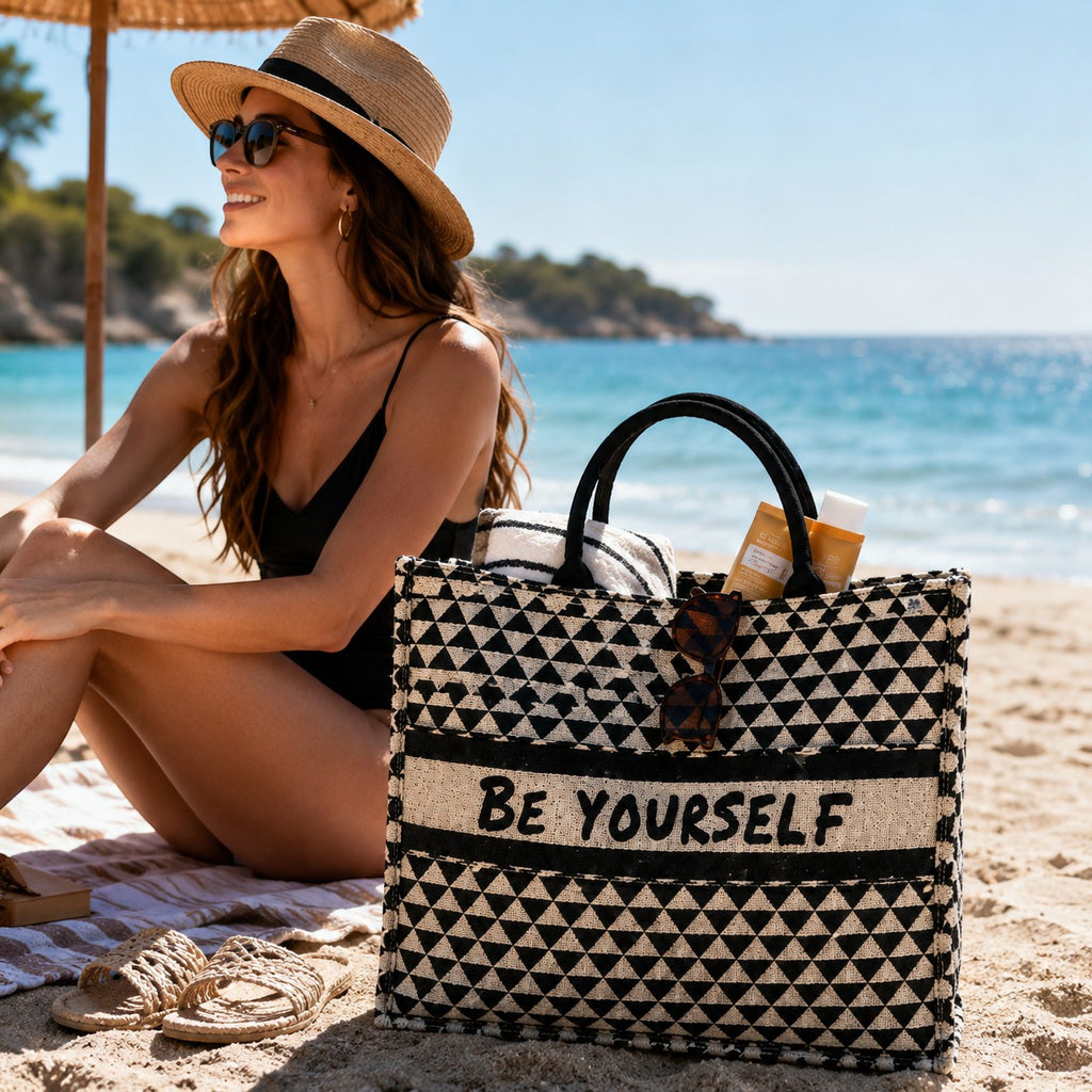 Tap2Own black and white geometric tote bag with "BE YOURSELF" slogan, perfect for beach or everyday use.
