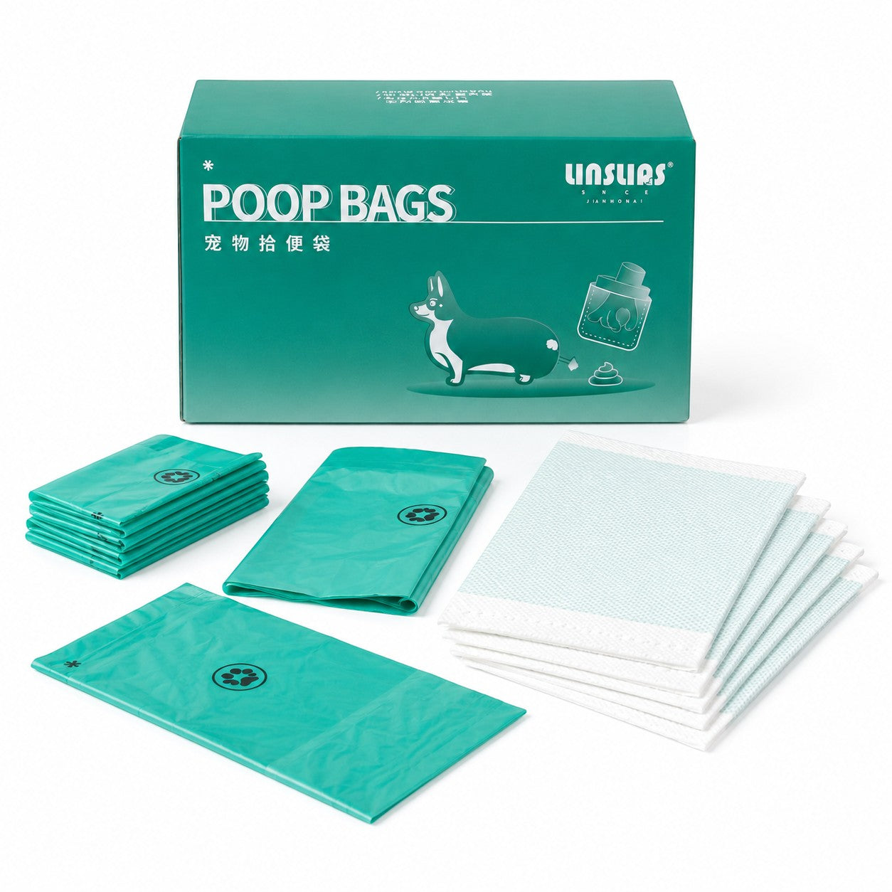 Tap2Own green poop bags for dogs and pets, tear-resistant and leak-proof, essential for walks and outings.