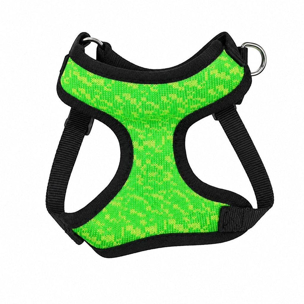 Tap2Own neon green knit dog harness with textured pattern and black trim. Adjustable straps and D-ring.
