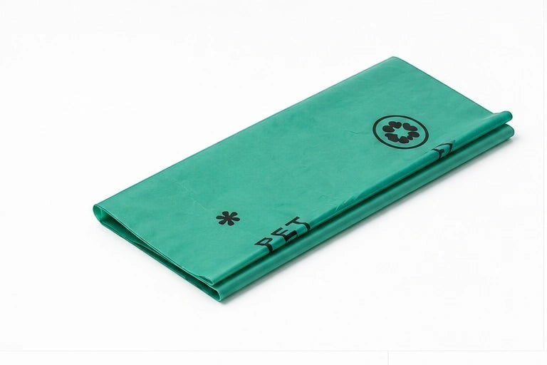 Tap2Own green pet poop bags with recycling symbol and paw print logo. Durable and leak-proof for waste disposal.