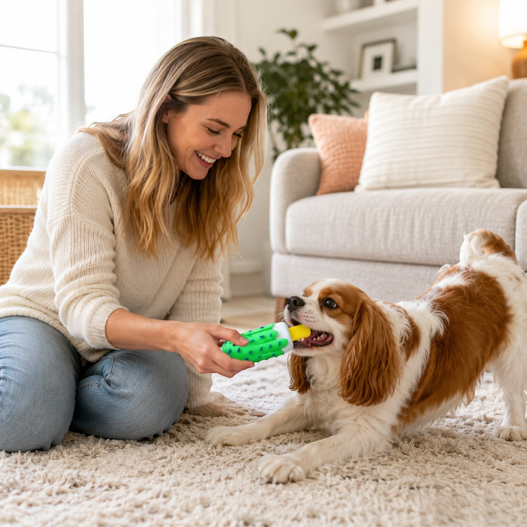 Tap2Own green popsicle dog toy with yellow handle, textured with blue bone shapes, for chewing and playing.