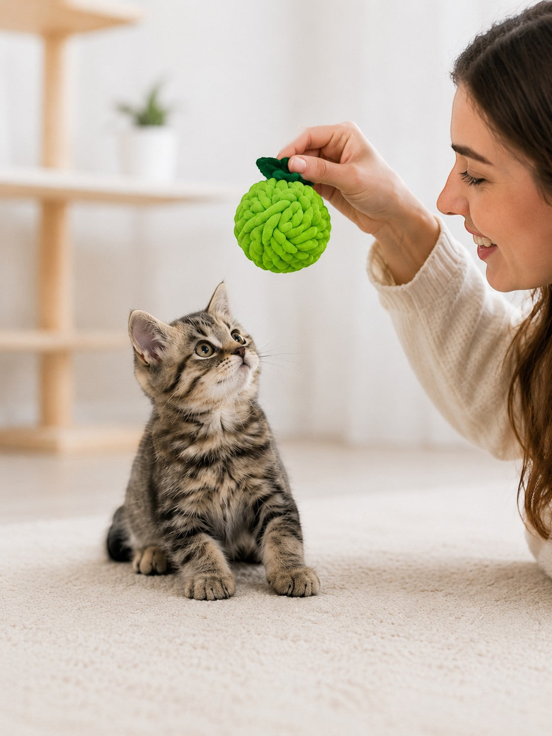 Tap2Own green woven rope fruit cat toy held by a woman, with a kitten looking up.