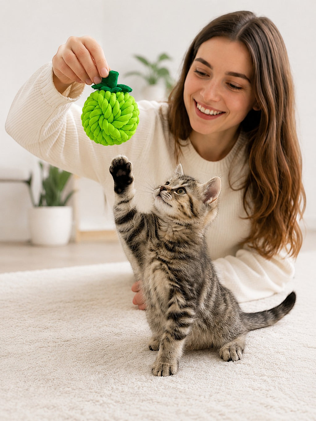 Tap2Own green woven rope fruit cat toy held by a smiling woman playing with a tabby kitten