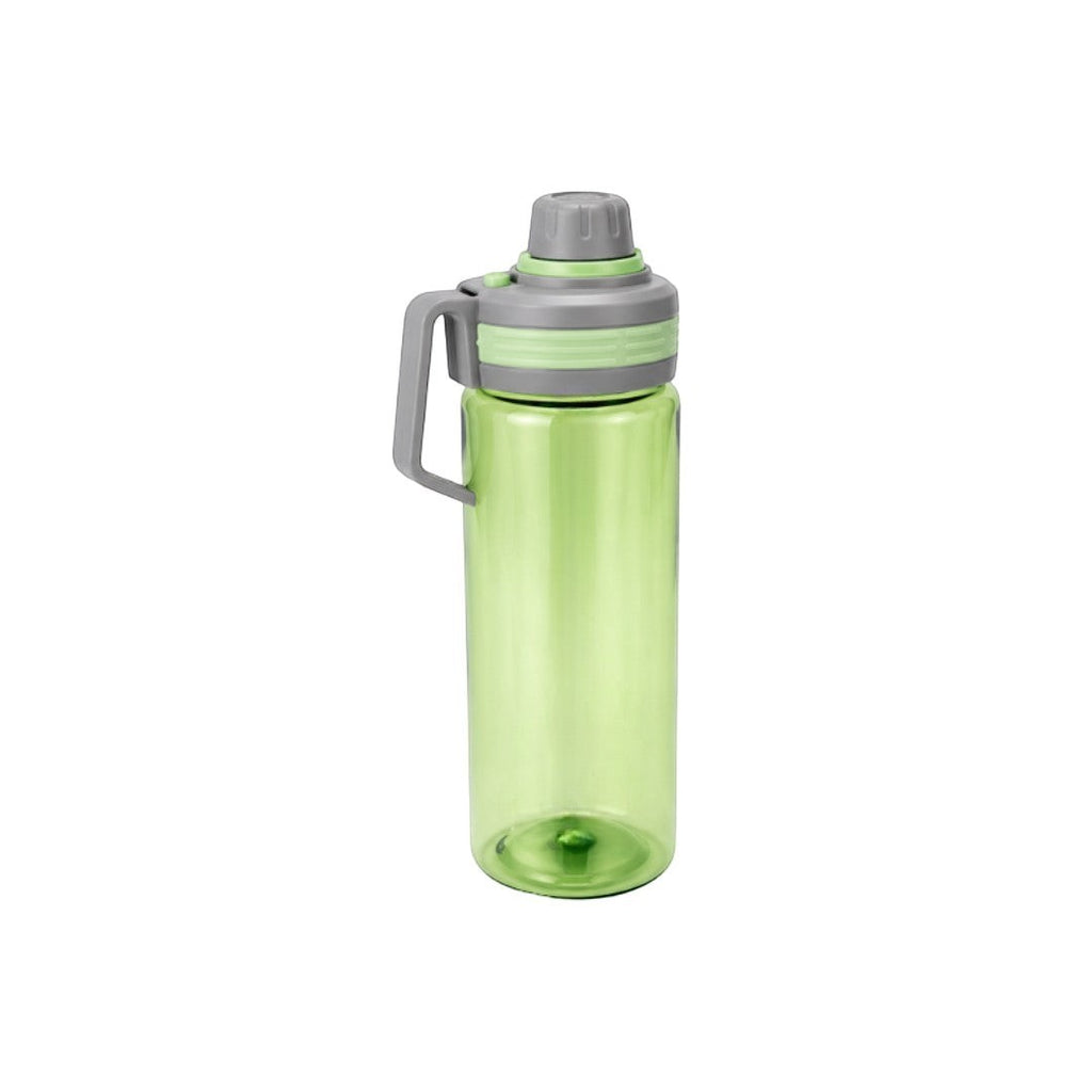 Tap2Own green BPA-free plastic water bottle with grey and light green leak-proof lid and carrying handle.