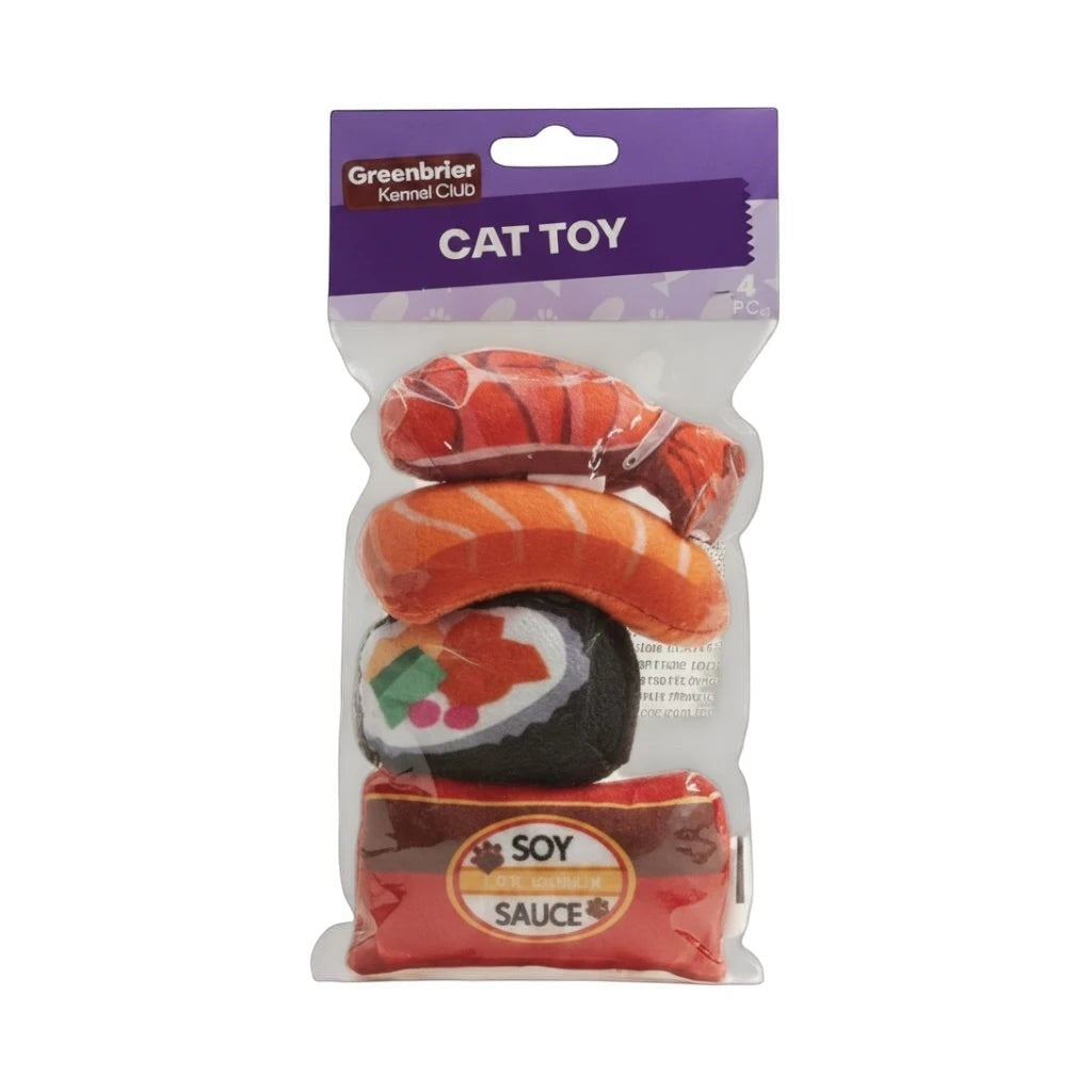Tap2Own Greenbrier Kennel Club plush cat toys shaped like sushi: shrimp, salmon nigiri, California roll, and soy sauce packet.